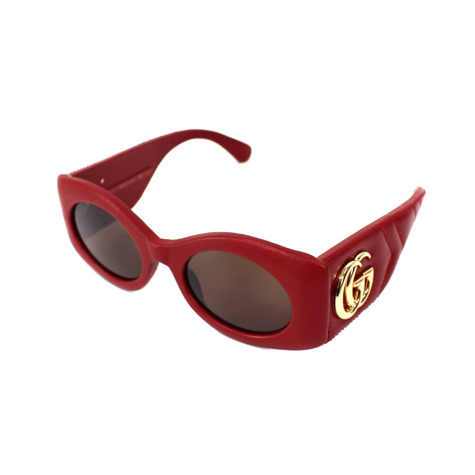image of Gucci Red Leather Marmont Stitch Oval Sunglasses Wide Gold GG Logo, Women's