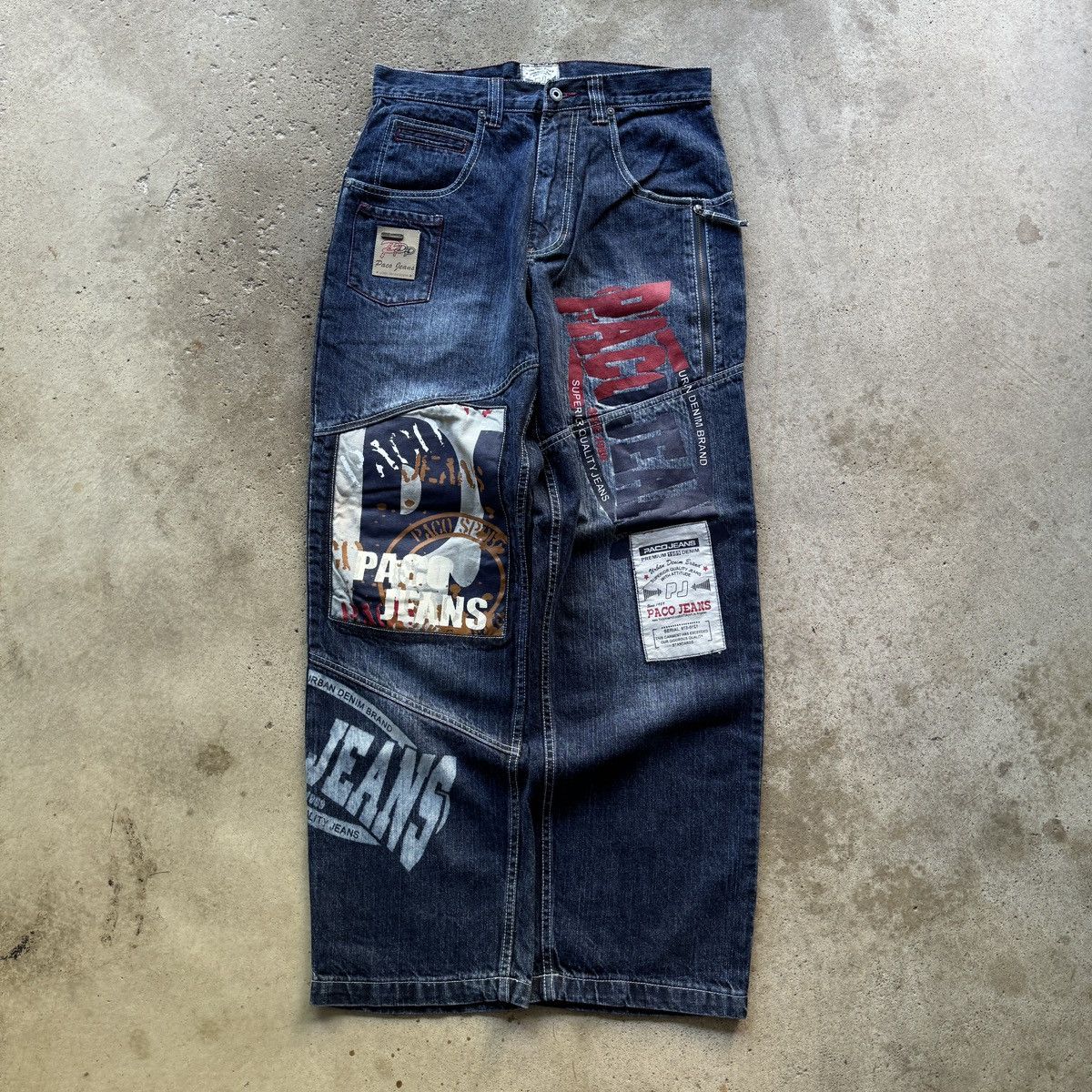 image of Jnco x Vintage Paco Jeans Baggy Patch Denim Skater Jeans in Blue, Men's (Size 31)