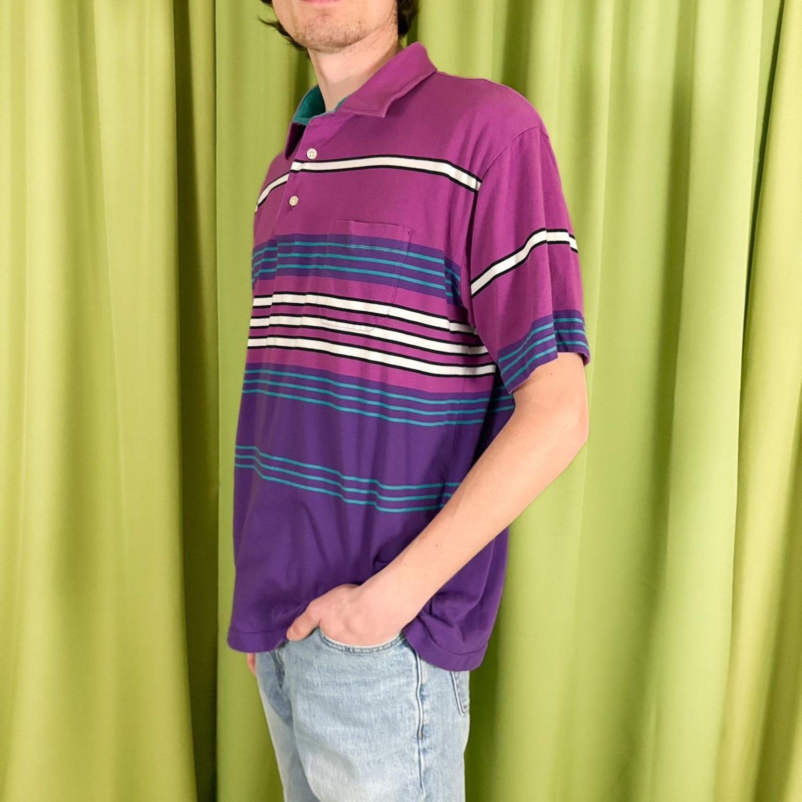 Vintage 80s Vintage Purple and Blue Horizontal Striped Polo Shirt Size US L / EU 52-54 / 3 - 3 Thumbnail