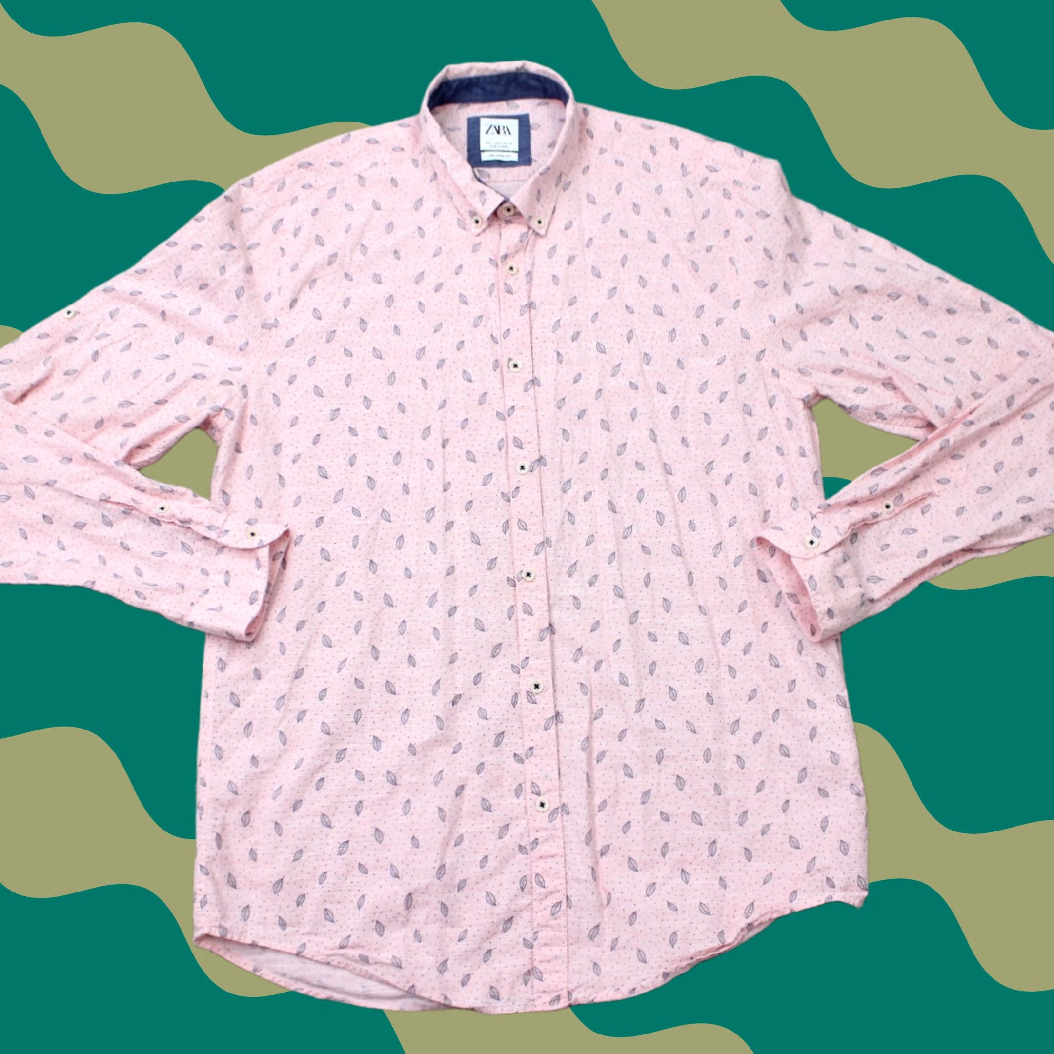 Zara Zara Shirt Mens Large Pink Relaxed Geometric AOP Button-Up Long Sleeve Cotton L/S Printed Leaves Flower Mermaid Print Holiday Casual Daywear Size US L / EU 52-54 / 3 - 1 Thumbnail