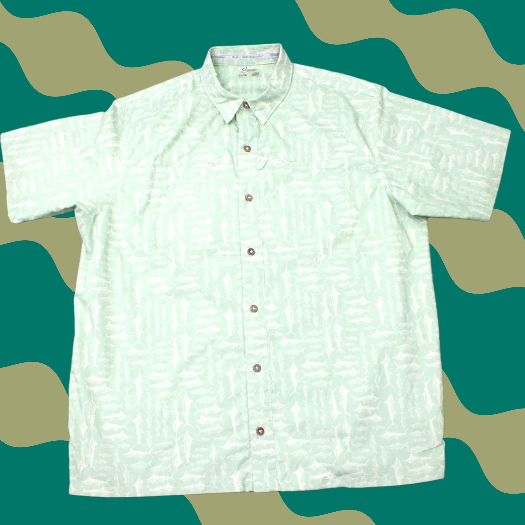 Vintage World Wide Sportsman AOP Shirt Mens XL Green Fish All Over Print Short Sleeve Button-Up Shirt Size US XL / EU 56 / 4 - 1 Thumbnail
