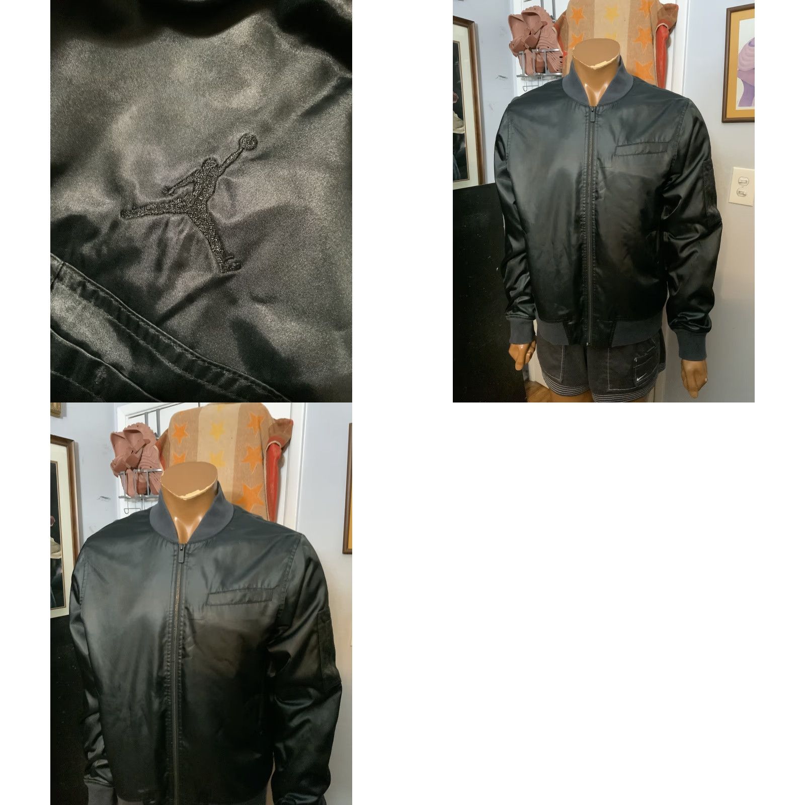 Jordan Brand VINTAGE Air Jordan Black Satin Retro Jumpman Logo Full Zip Bomber Jacket Sz. L Mens Size US L / EU 52-54 / 3 - 8 Thumbnail