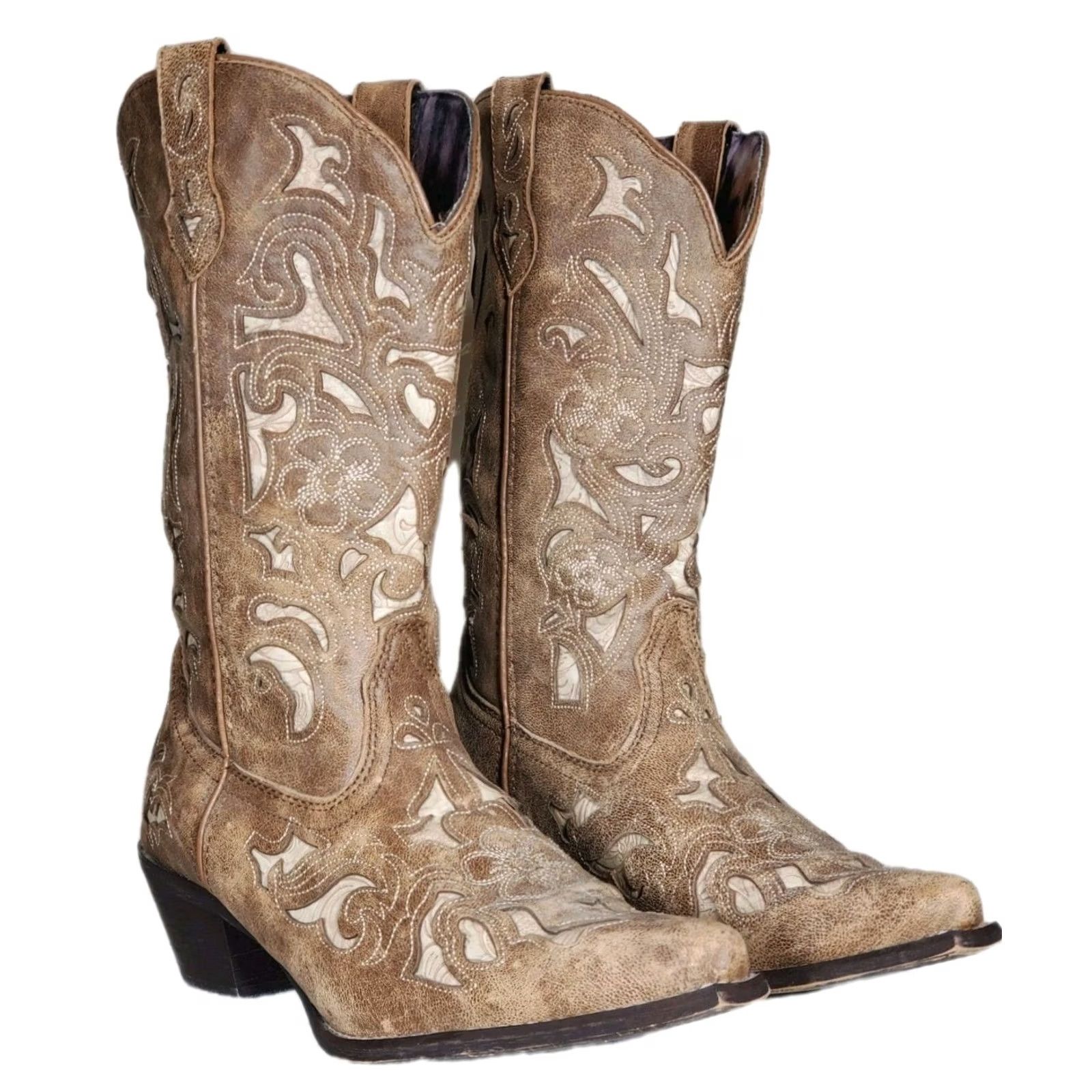 Vintage Laredo Sharona Tan Crackle Sanded Goat Boots Bone Underlay Floral Embroidery 52041 Women's US 10 M Size US 10 / IT 40 - 2 Thumbnail