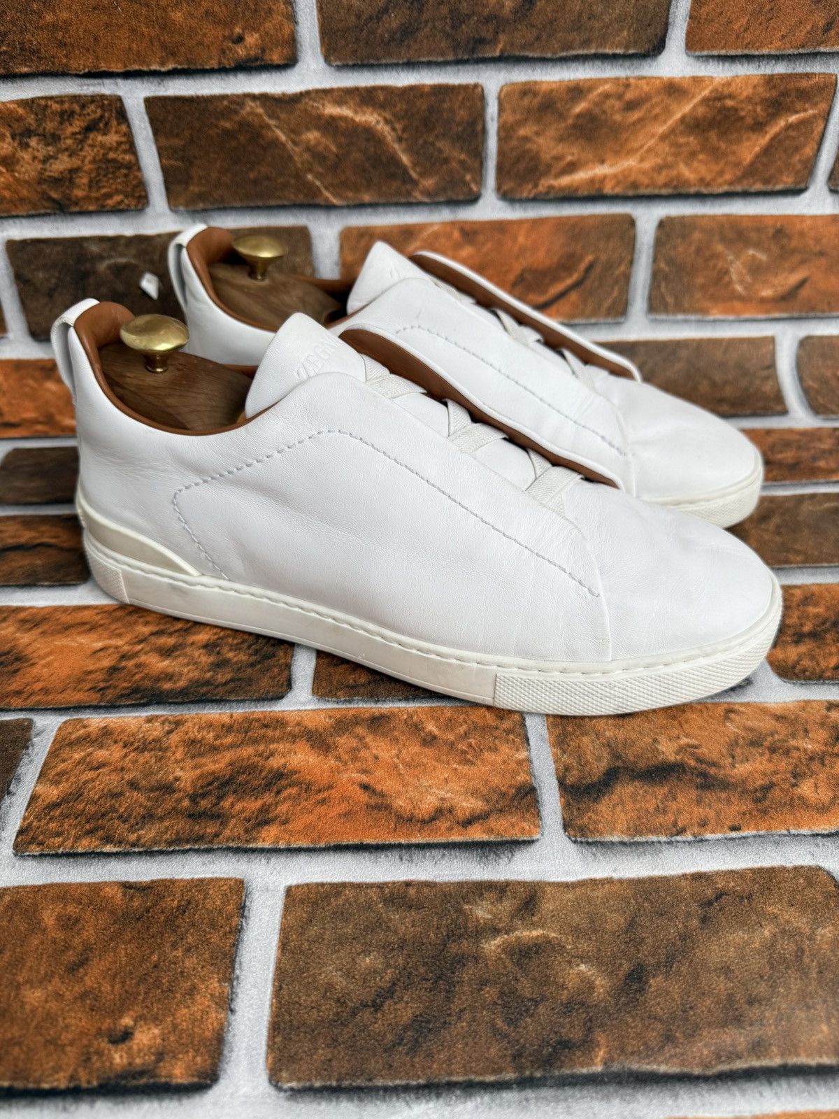 Triple stitch leather trainers