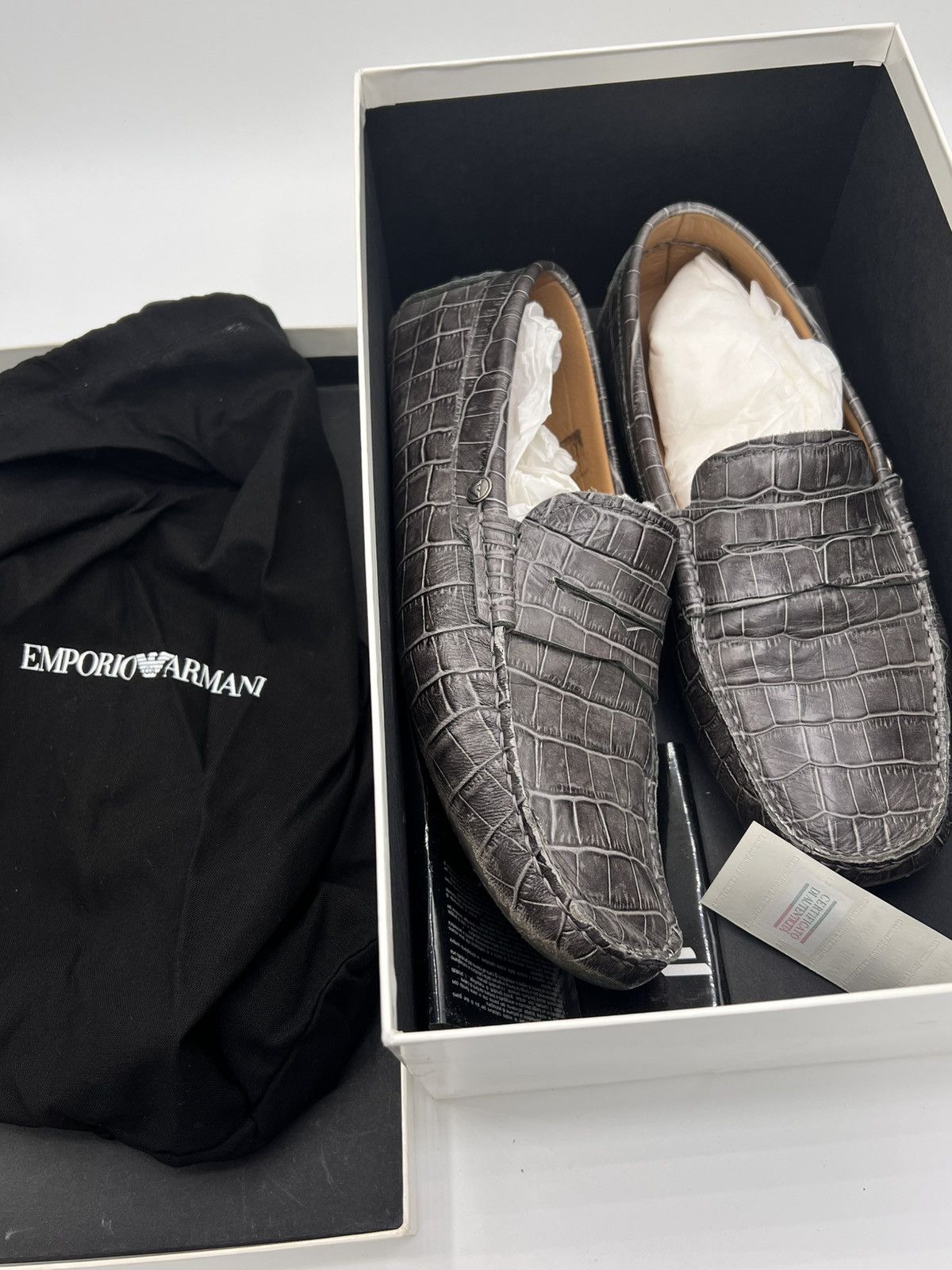 Emporio Armani Size 9 Crocodile -Embossed 100% Leather Shoes in Grey, Men's