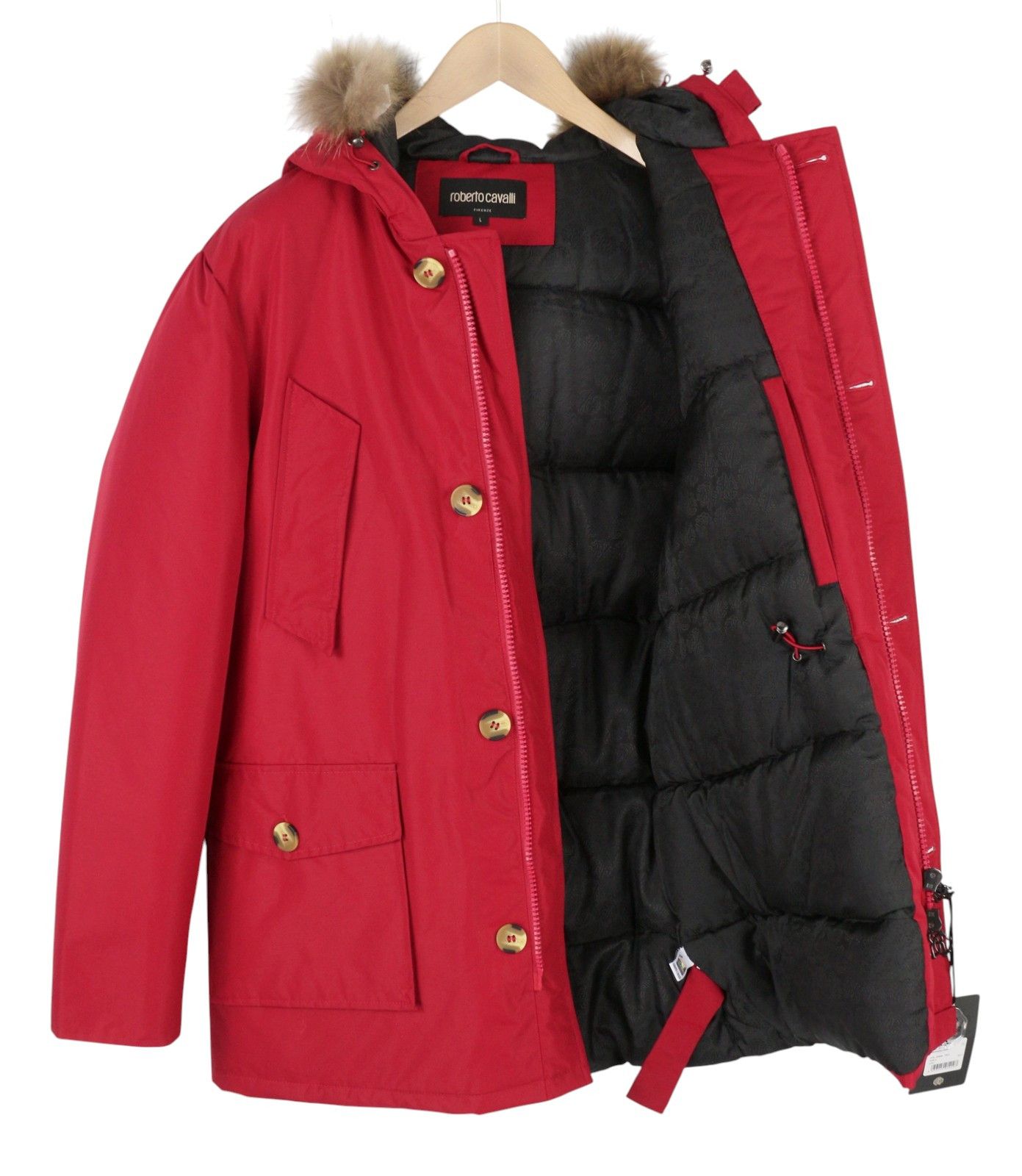 Roberto Cavalli L Red Hooded Padded Fur Parka 86883 Size US L / EU 52-54 / 3 - 4 Thumbnail