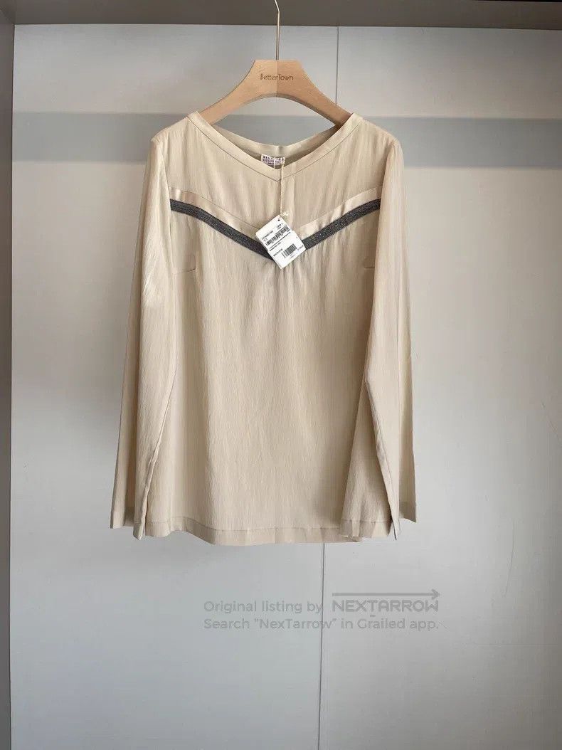 Brunello Cucinelli Brunello Cucinelli Beige Beaded Round Neck Silk Long Sleev Size L / US 10 / IT 46 - 1 Thumbnail