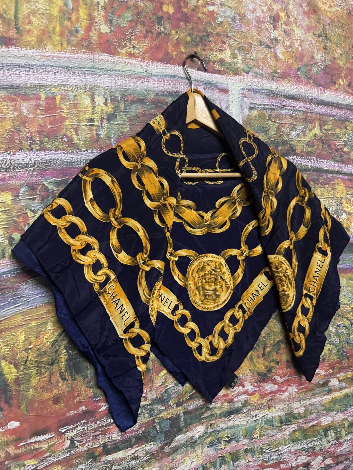 Chanel Authentic CHANEL navy gold slik scarf Size 34 - 4 Thumbnail