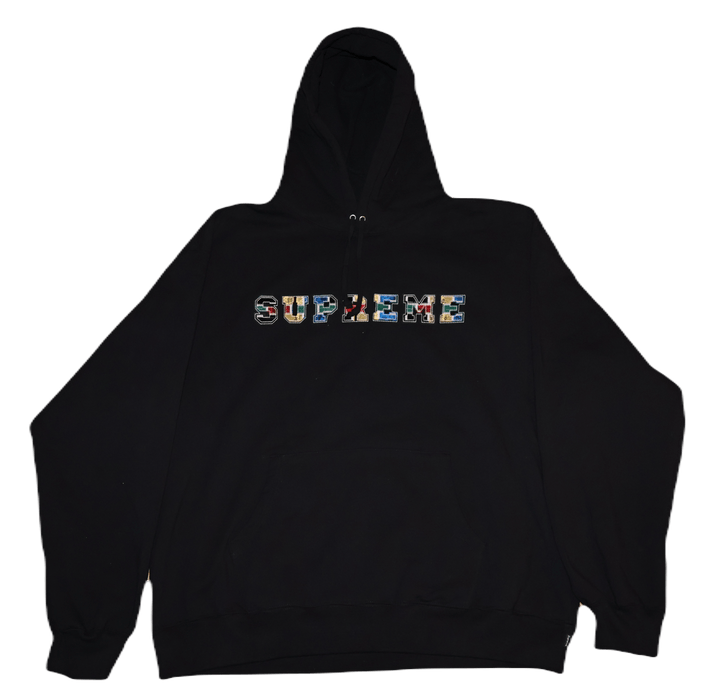 SUPREME COLLEGIATE PATCHWORK LEATHER HOODED SWEATSHIRT-BLACK