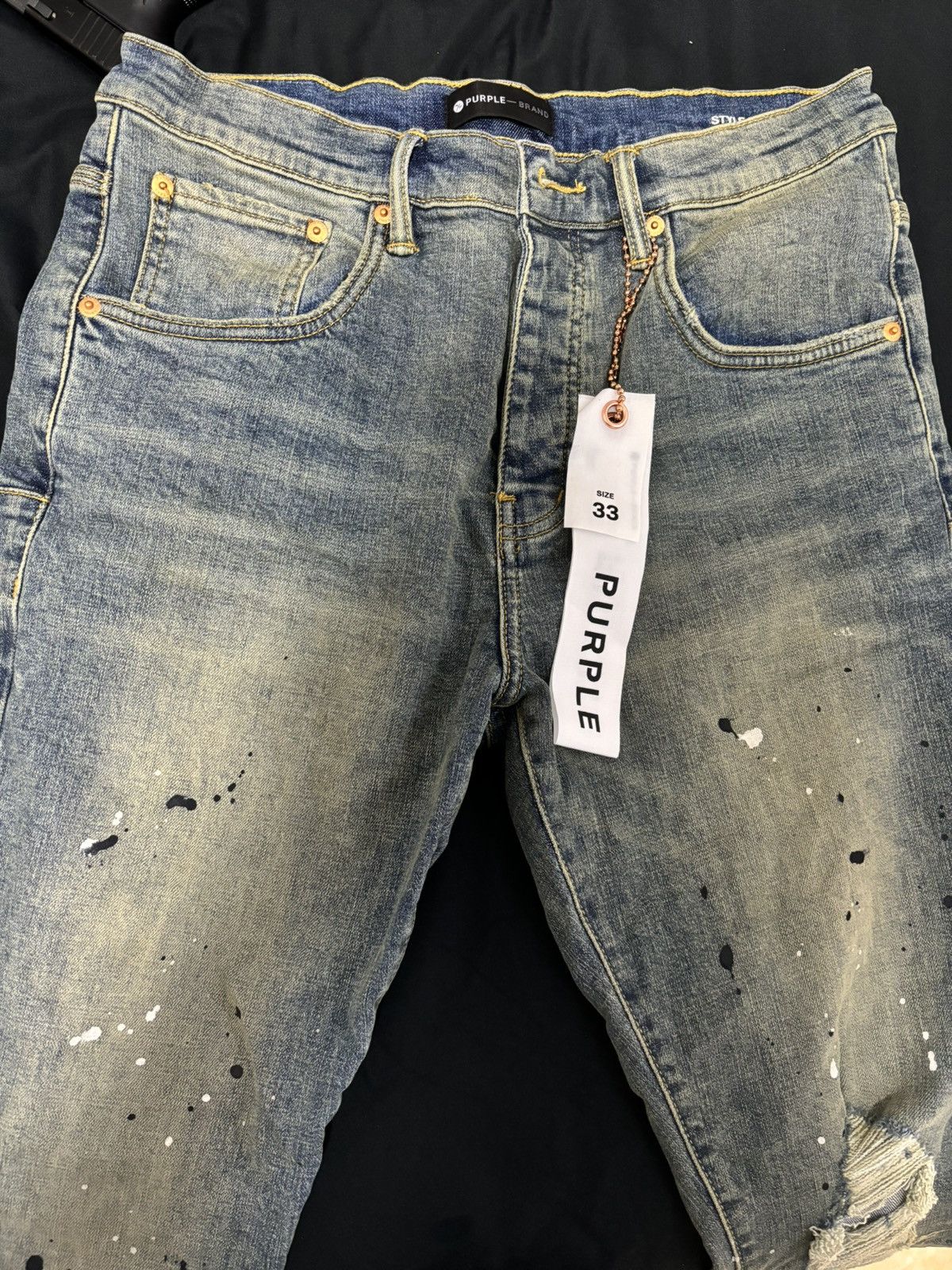 Purple Brand PURPLE P002 SLIM MID RISE DESTROY PAINT INDIGO JEANS Size US 33 - 3 Thumbnail