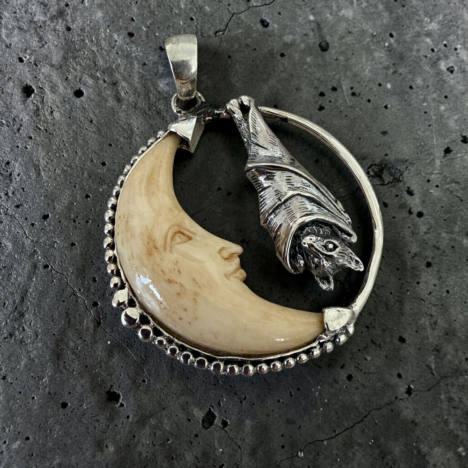Other Sterling Silver Bat Moon Pendant Carved Tea Bone Gothic Size ONE SIZE - 2 Thumbnail