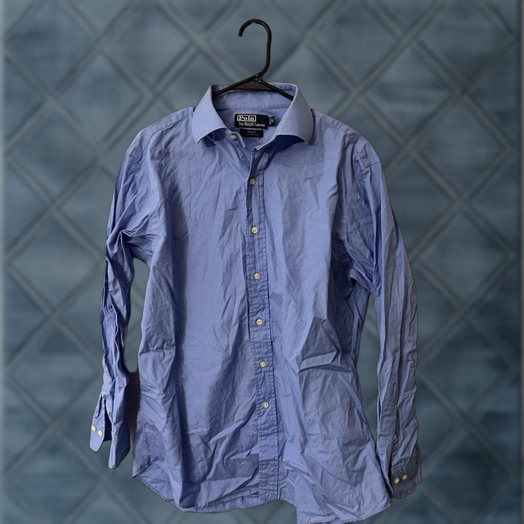 Polo Ralph Lauren VINTAGE Polo Ralph Lauren Regent Dress Shirt Men Blue Solid Long Sleeve Collared Classic Fit 16 Size 42R - 1 Thumbnail