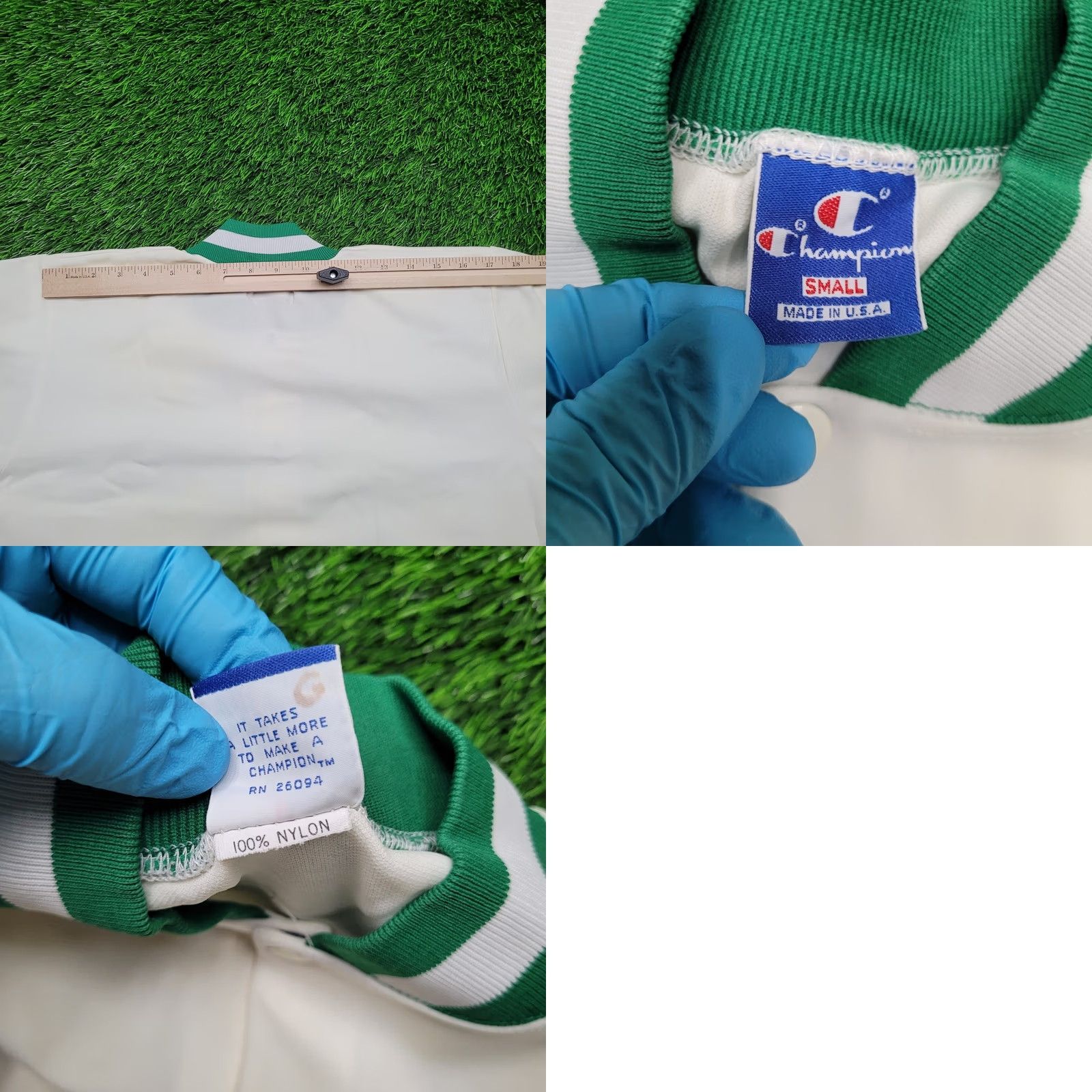 Champion VINTAGE Champion Basketball Warm-Up Jacket Shirt Mens Medium Nylon Short Sleeve Cropped Snap Green White 80s 70s Boxy Ringer Style Tennis Size US 31 - 8 Thumbnail