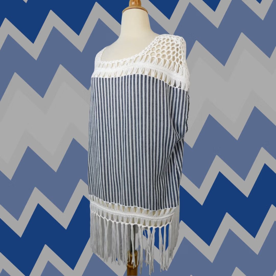 Steve Madden Steve Madden Crochet Cotton Beach Tunic Swim Cover-Up Navy Stripe One Size Women Stripe Beach Cover Up Women Navy Blue Crochet Cotton Tunic Size ONE SIZE - 1 Thumbnail