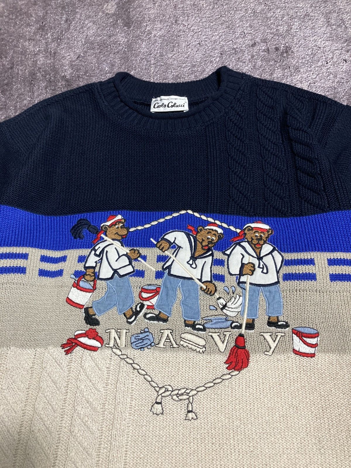 Carlo Colucci Vintage 90s Carlo Colucci Bear Navy Knit Sweater Size 48 Size US L / EU 52-54 / 3 - 3 Thumbnail