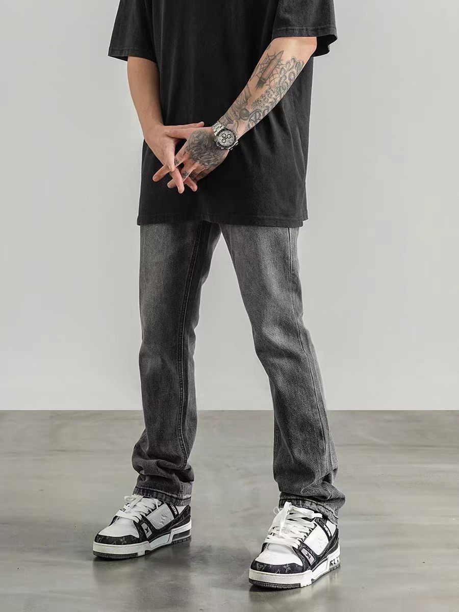 image of Jean High Street Washed Smoky Gray Micro-Flared Denim Trousers in Smoke Gray, Men's (Size 32)