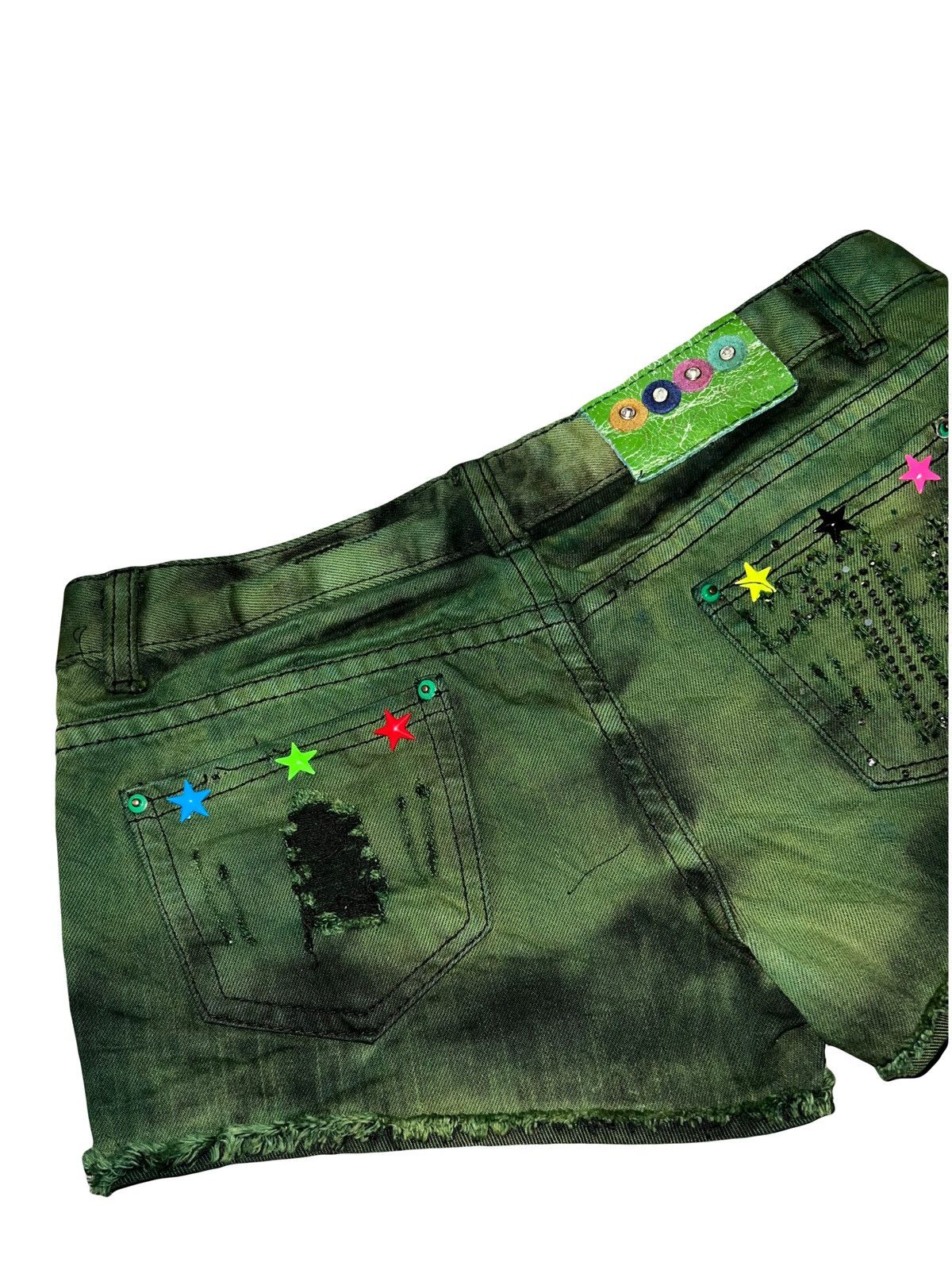 Japanese Brand Y2k Green multi star low rise short 💫 🌟 🔋 Size 27" / US 4 / IT 40 - 6 Thumbnail