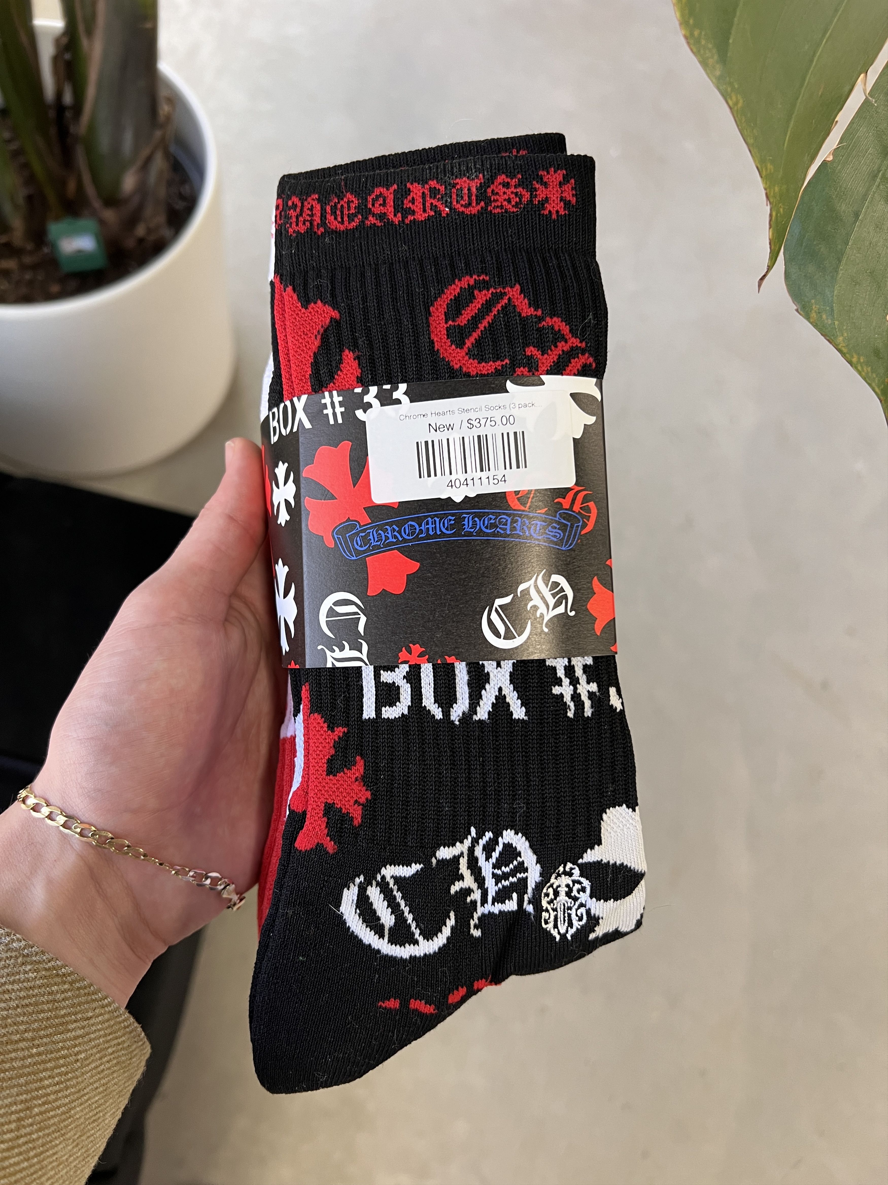 image of Chrome Hearts Stencil Socks (3 Pack) Black/white/red, Men's
