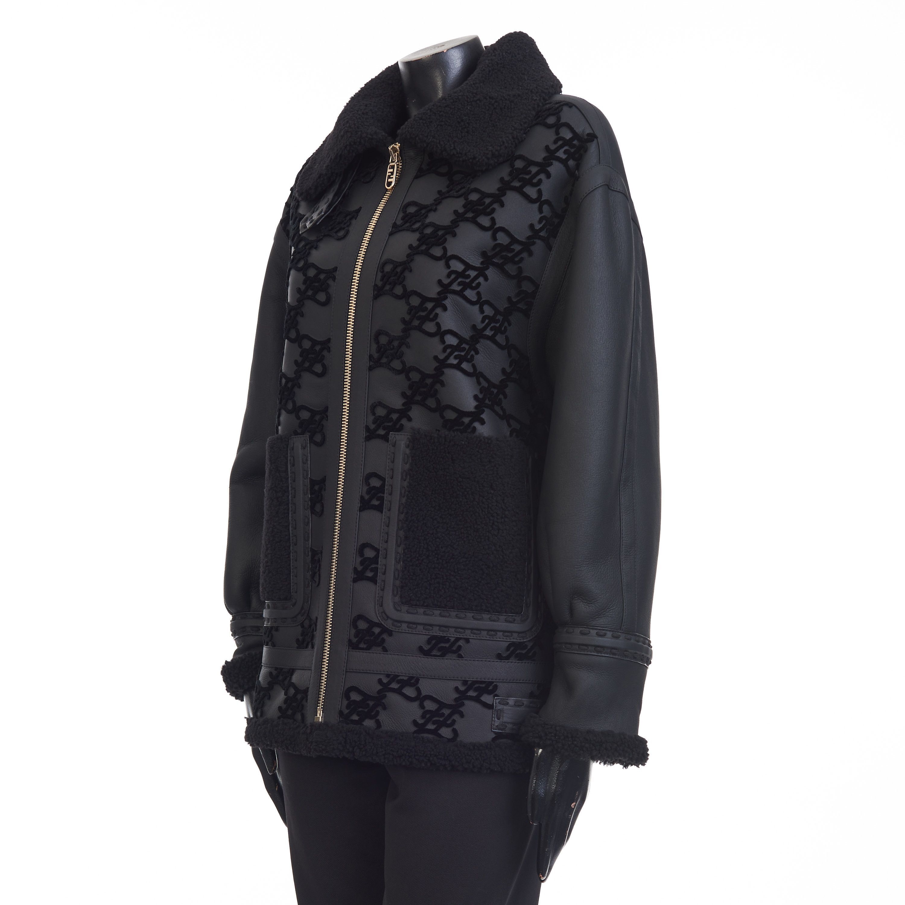 Fendi Black Shearling Jacket - Aviator Style, FF Karligraphy Motif Size M / US 6-8 / IT 42-44 - 3 Thumbnail