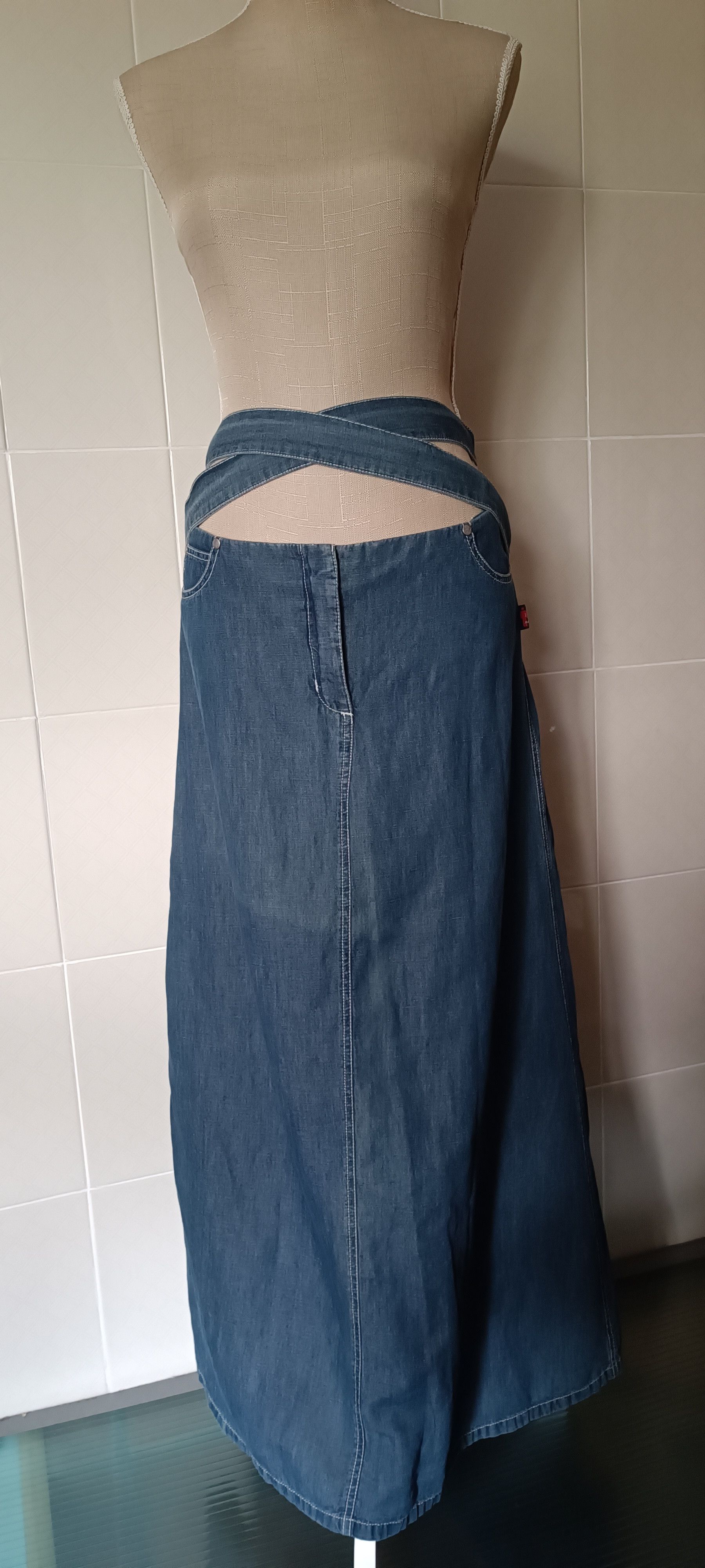 image of Archival Clothing x Jean Paul Gaultier 90's - Long Skirt, In Linen And Cotton in Blue, Women's (Siz