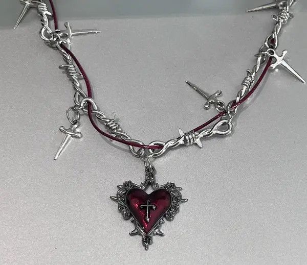 Jewelry Silver Barbed Wire Cross Necklace with Red Heart Pendant Size ONE SIZE - 5 Thumbnail