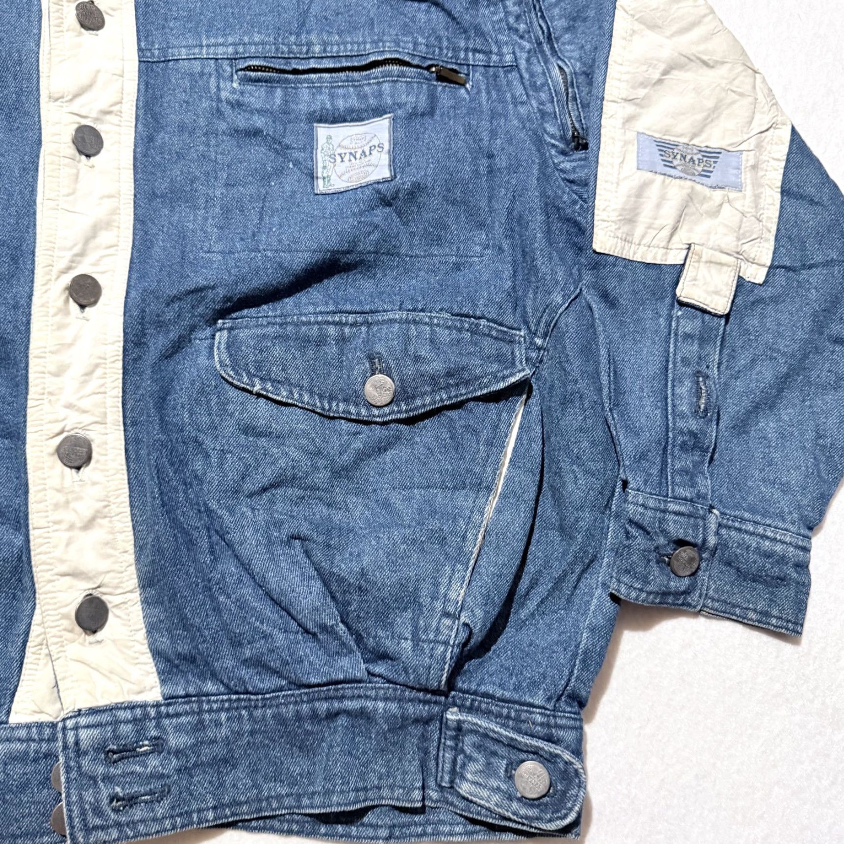 Denime VINTAGE Synaps Denim Jacket White Contrast Panels Logo Patch Applique XL Men Brown? Size US XL / EU 56 / 4 - 6 Thumbnail