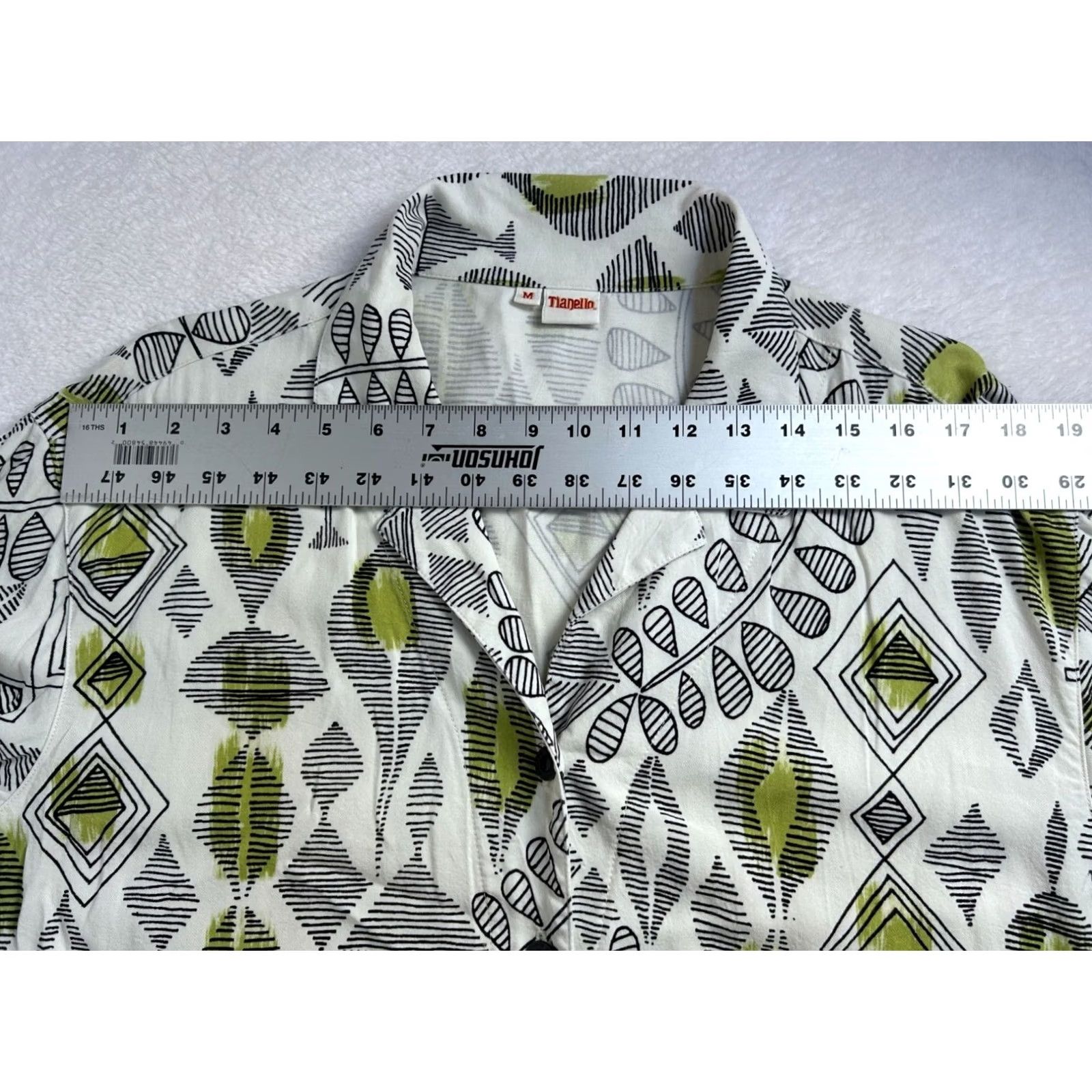 Vintage Tianello Womens Geometric Print Button-Down Aida Blouse Top M White/Green Size M / US 6-8 / IT 42-44 - 5 Thumbnail