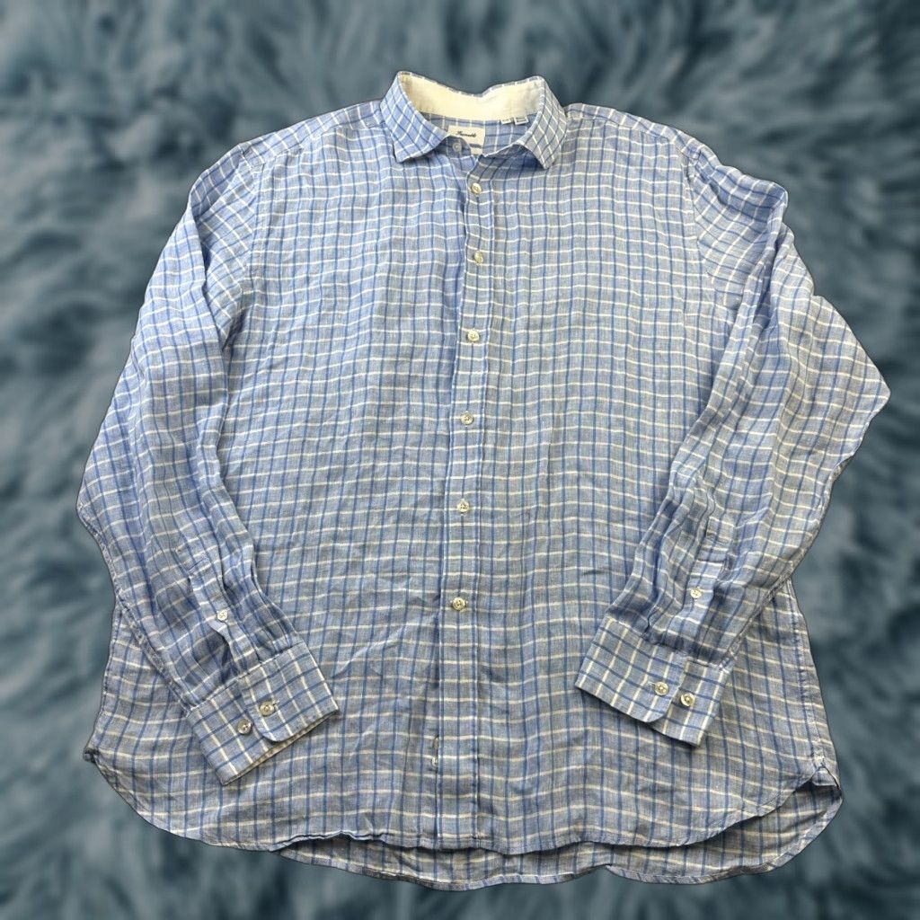 Faconnable Façonnable Shirt Mens 2XL XXL Blue Check Button Up Linen Size US XXL / EU 58 / 5 - 1 Thumbnail