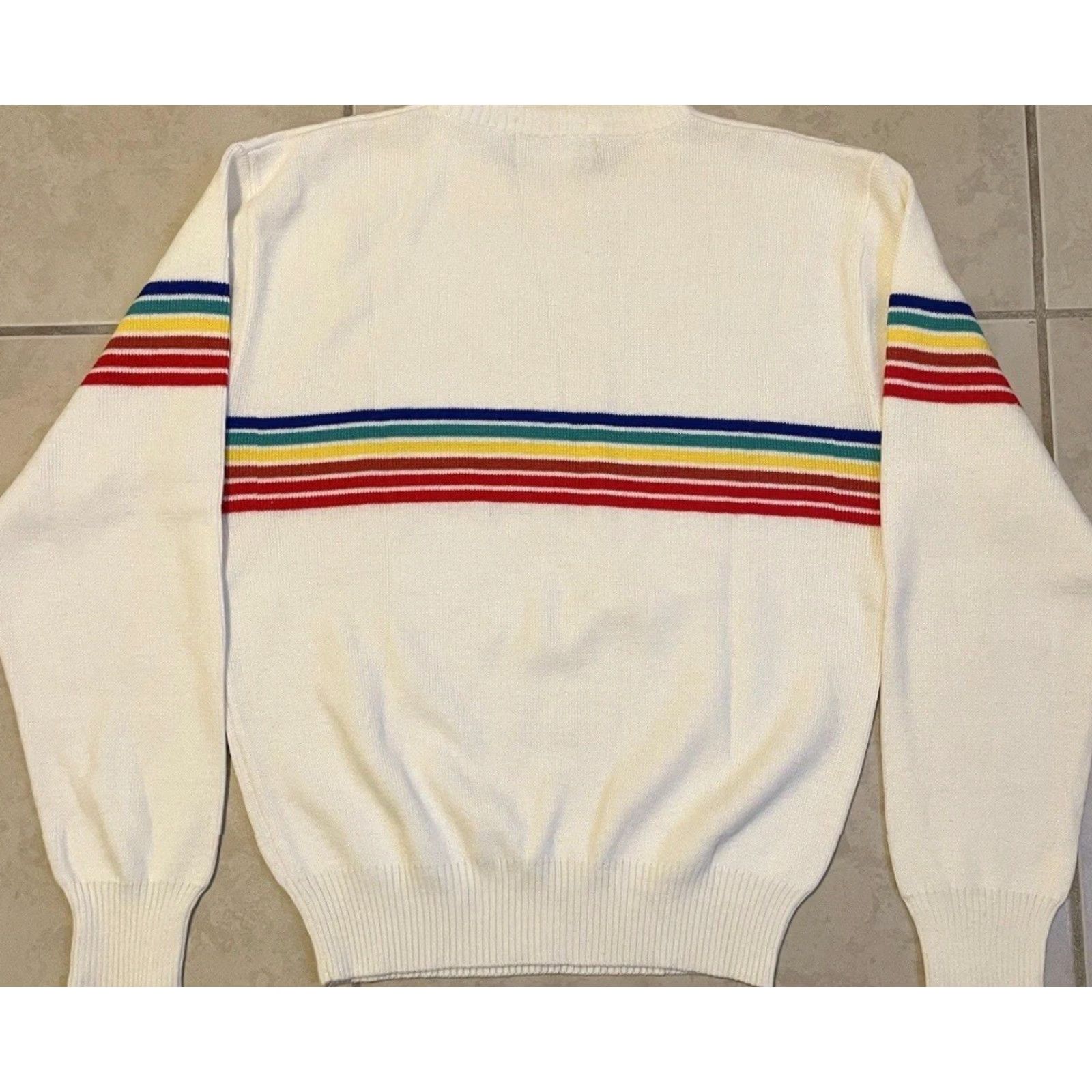 Rainbow VINTAGE Rainbow Striped Knit Sweater Womens L 70s 80s White Acrylic Ocean Pacific Hawaii Surf Beach OP AOP Wool Pullover Size L / US 10 / IT 46 - 5 Thumbnail