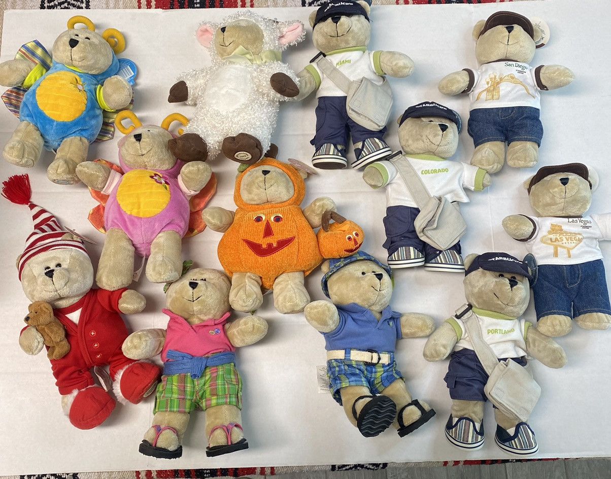 image of Lot Of 12 Vintage Starbucks Bearista Bear Plush Dolls in Brown, Women's