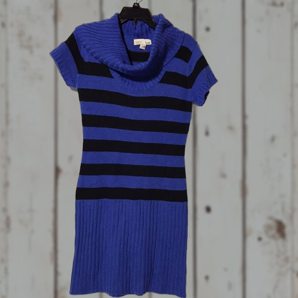 Vintage Sauci Sweater Dress Shirt Midi Dress Women L Cowl Neck Striped Blue/Black Short Sleeve Knit Casual Size L / US 10 / IT 46 - 1 Thumbnail