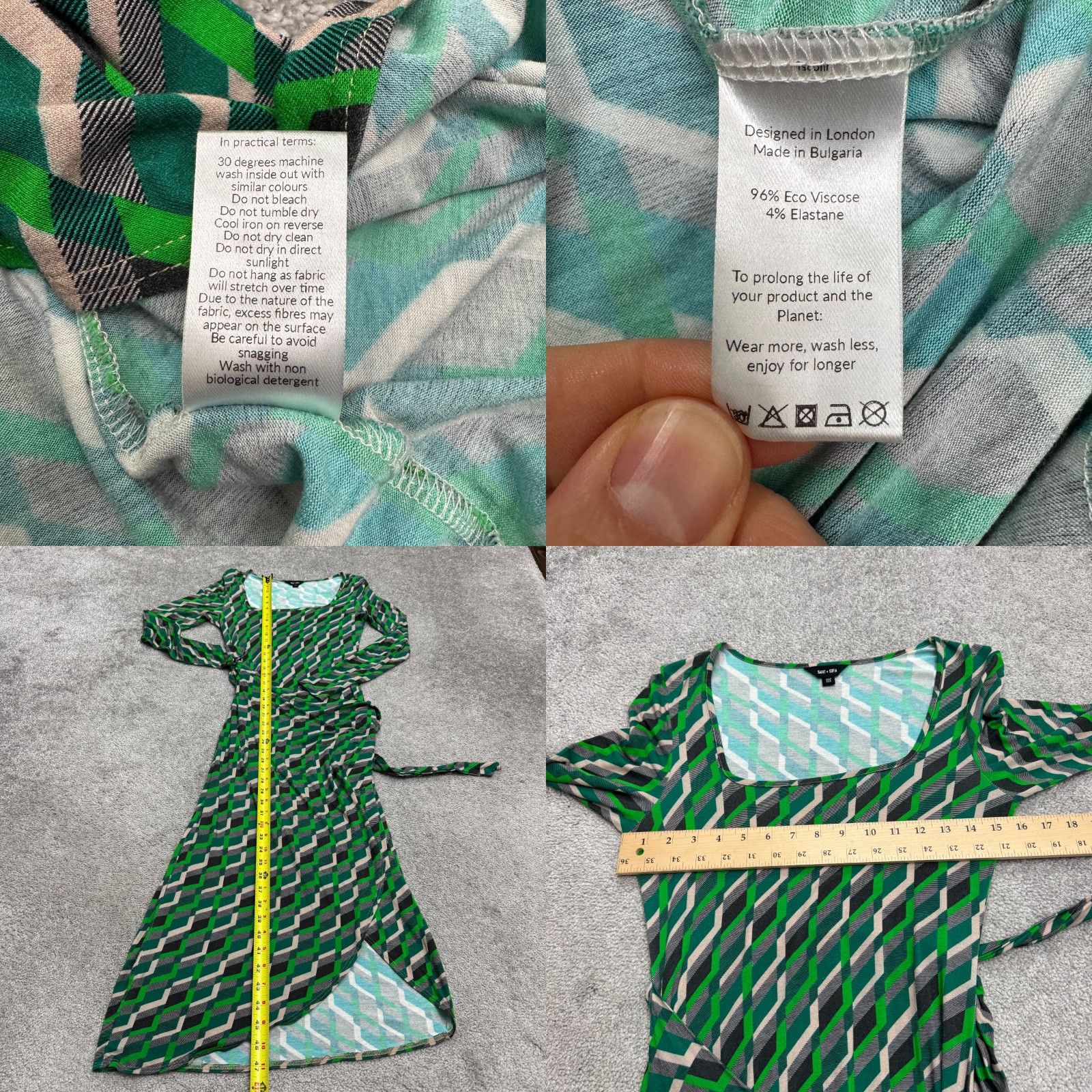 Vintage Saint + Sofia Geometric Chevron Midi Wrap Dress Womens 4 Green Asymmetric Hem Long Sleeve Square Neck Belted Dress Wrap Size S / US 4 / IT 40 - 8 Thumbnail