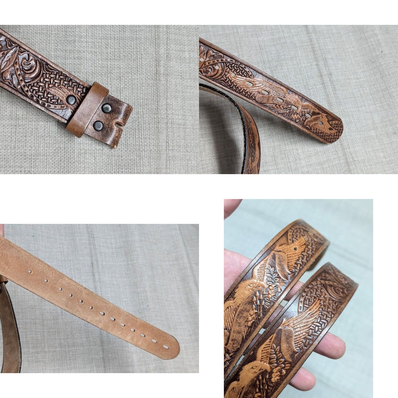 Vintage VINTAGE handcrafted western belt Tooled cowhide leather 40 America cowboy buckle snaps Harley brown Mens Belt 1-3/8" Western 40 Size 40 - 8 Thumbnail