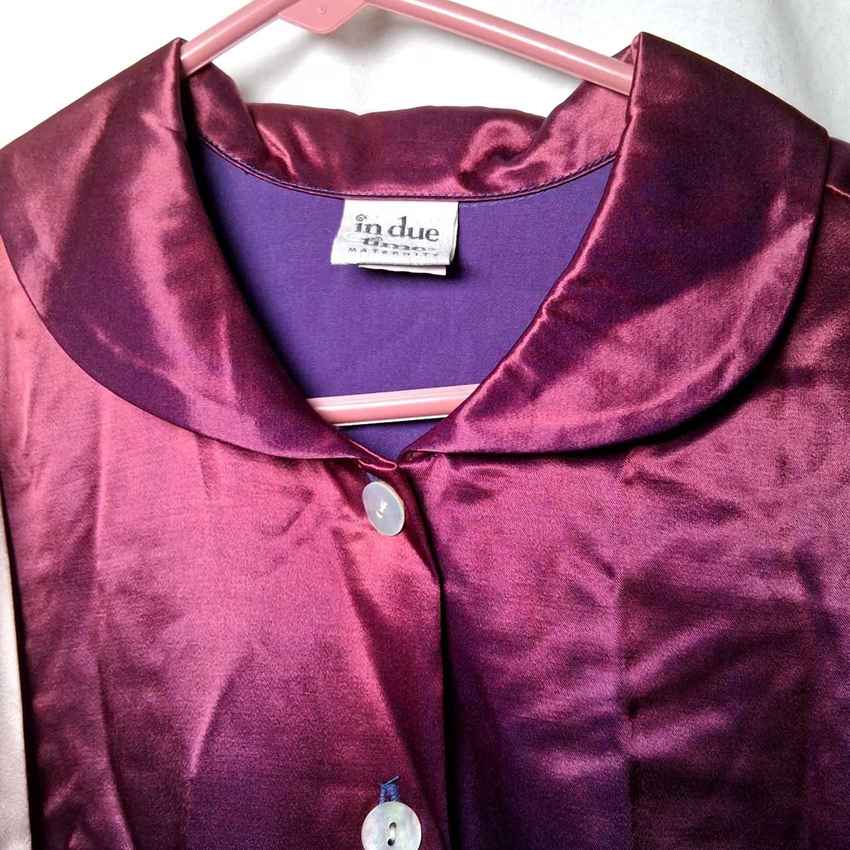 Vintage In Due Time Maternity Shirt Women M Iridescent Mauve Maroon Long Slv Satin Size M / US 6-8 / IT 42-44 - 2 Thumbnail