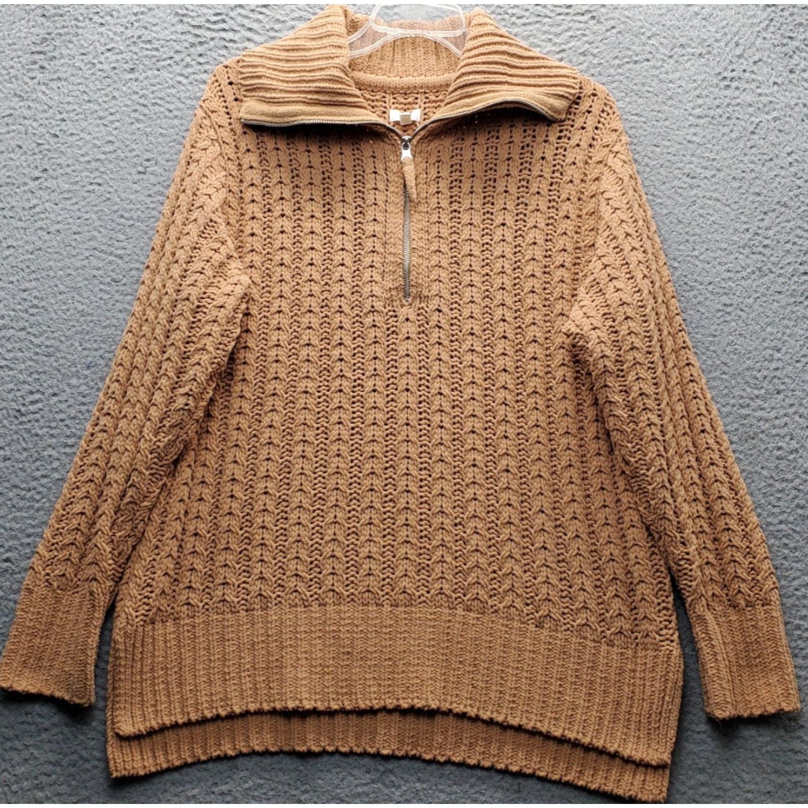 Vintage Aerie Womens Sweater Shirt XS Tan Chunky Knit Mock Neck quarter Zip High Low Slit Pullover Size S / US 4 / IT 40 - 2 Thumbnail
