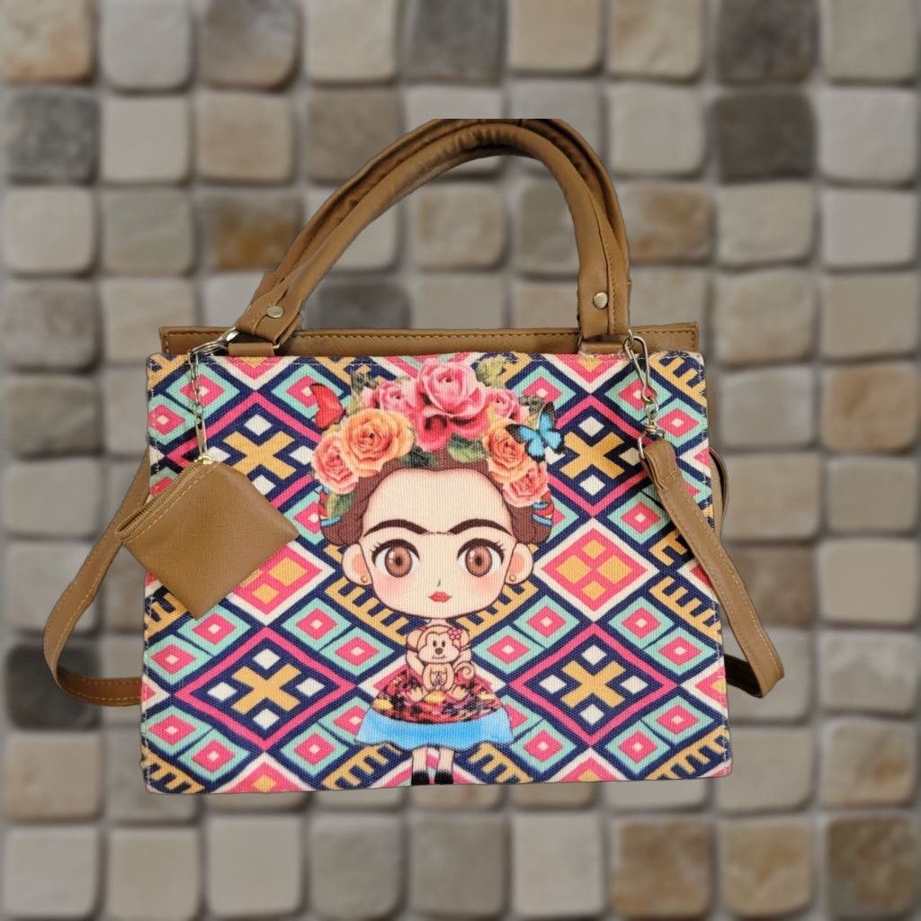 Changes Cartoon Frida Kahlo Shoulder Bag Purse EUC Tan Change Purse Handbag Womens Medium Multicolor Faux Leather 12x10x4 Inches Size ONE SIZE - 1 Thumbnail