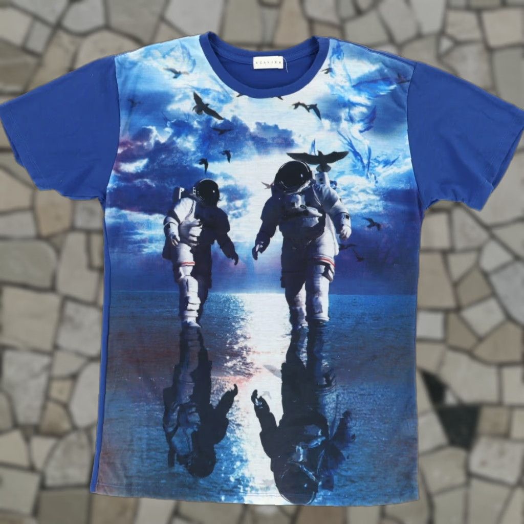 Vintage Xzavier Astronaut Print Blue Men's L Stretch Solid T-Shirt Size US L / EU 52-54 / 3 - 1 Thumbnail