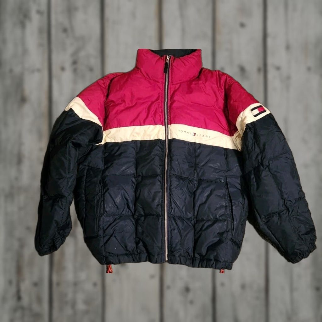 FRED Tommy Jeans Hilfiger Puffer Puffy Jacket Coat L Men Red Down Nylon 90s Size US 33 - 1 Thumbnail