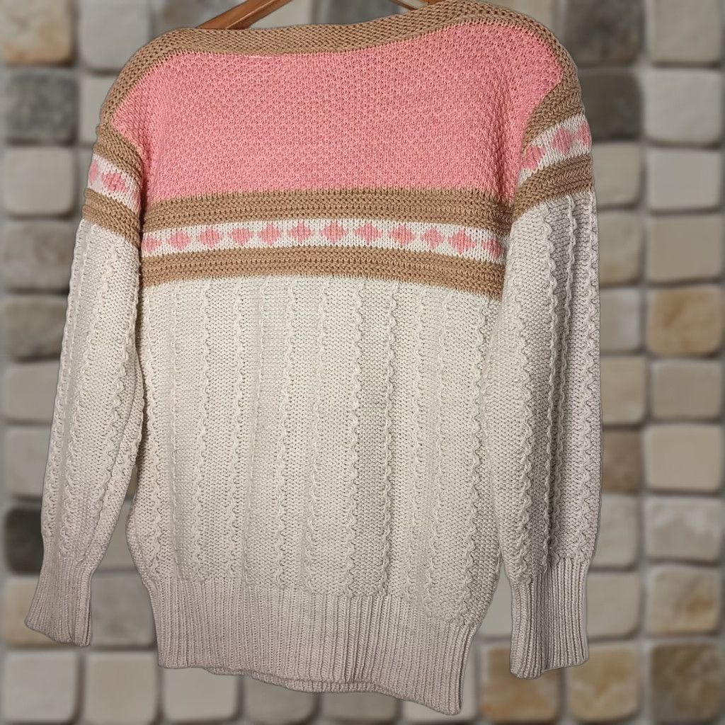 Vintage VINTAGE Evian Jrs Sweater Pullover M Cream Pink Brown Chunky Boat Neck Women Size M / US 6-8 / IT 42-44 - 1 Thumbnail