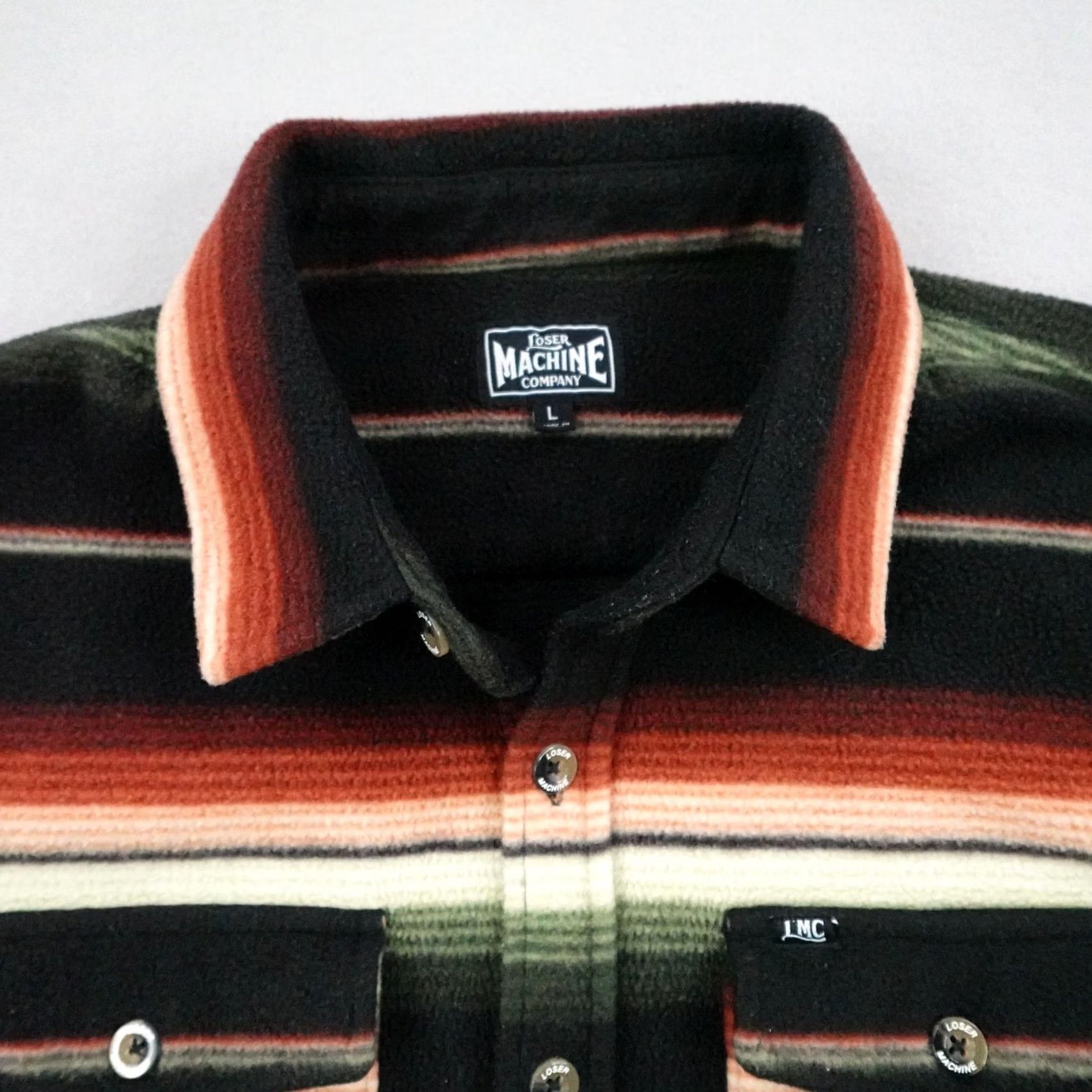 Vintage Loser Machine Mens Large Black Orange Green Striped Fleece Button Up Skate Size US L / EU 52-54 / 3 - 2 Thumbnail