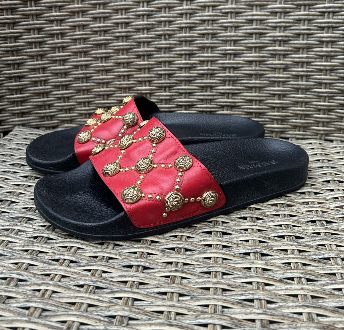 Balmain Balmain Paris Embellished Red Leather Slides Size 38 Size US 8 / IT 38 - 1 Thumbnail