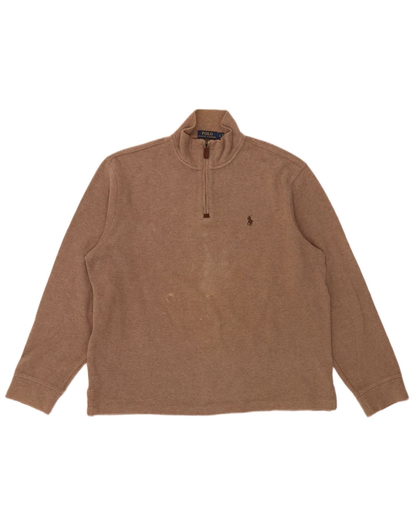 Polo Ralph Lauren Mens Zip Neck Jumper Sweater Large Brown Cotton Size US L / EU 52-54 / 3 - 1 Thumbnail