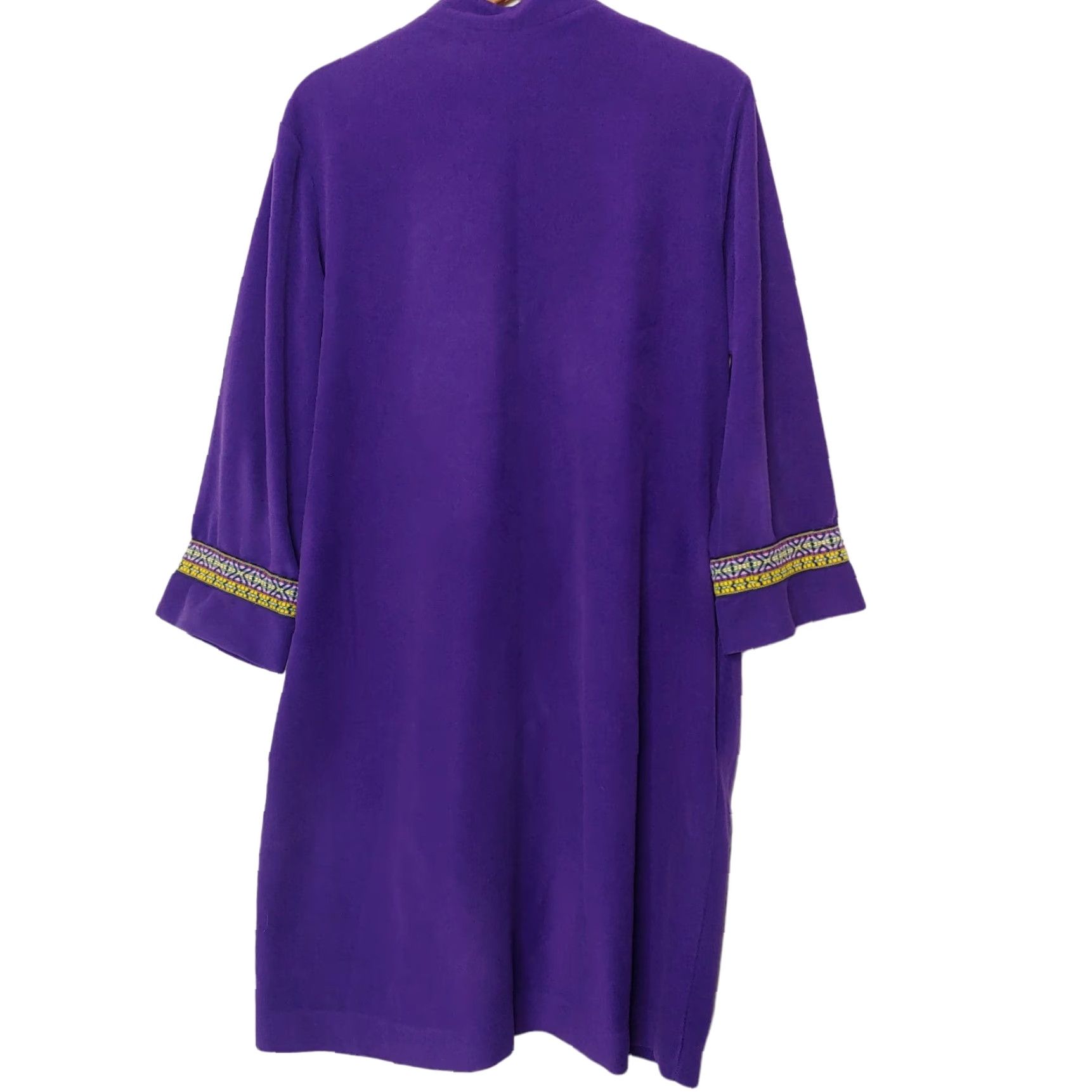 Vintage VINTAGE At Home Robe Womens L Night Gown Purple Yellow Woven Trim Zip 1970's House Coat Velour Polyester Size ONE SIZE - 2 Thumbnail