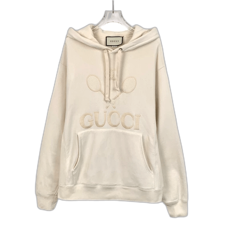 Gucci Beige Logo Embroidered Cotton Hooded Drawstring Sweatshirt
