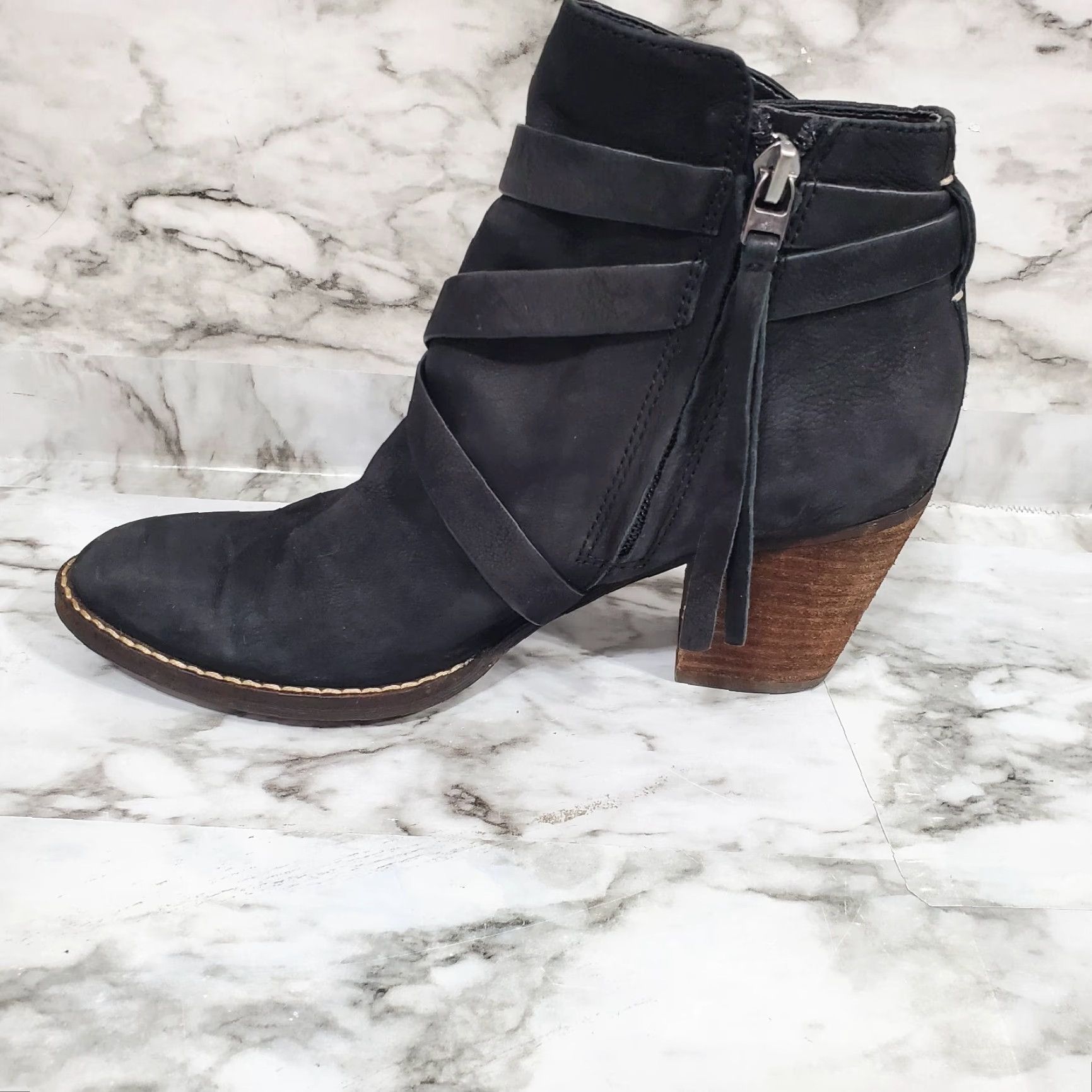 Sam Edelman Sam Edelman Bootie Women 7.5M Black Ankle Boot Merton Leather Almond Toe Strappy Shoe Womens Mid Heel Zip Block Size US 7.5 / IT 37.5 - 3 Thumbnail
