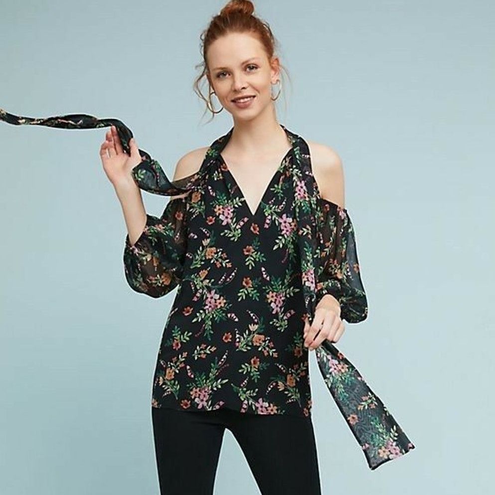 Anthropologie New Anthropologie Shoshanna Open-Shoulder Silk Floral Blouse Size S / US 4 / IT 40 - 1 Thumbnail