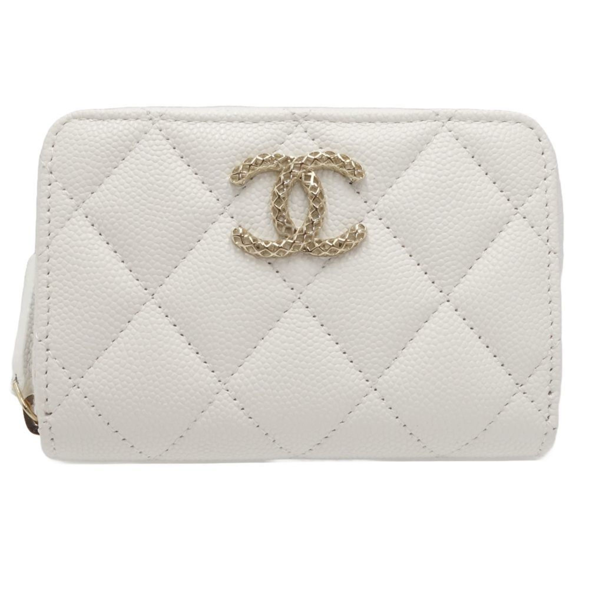 image of Chanel Matelasse Classic Zip Coin Purse Ab5830 Case Caviar Skin White 180243, Women's