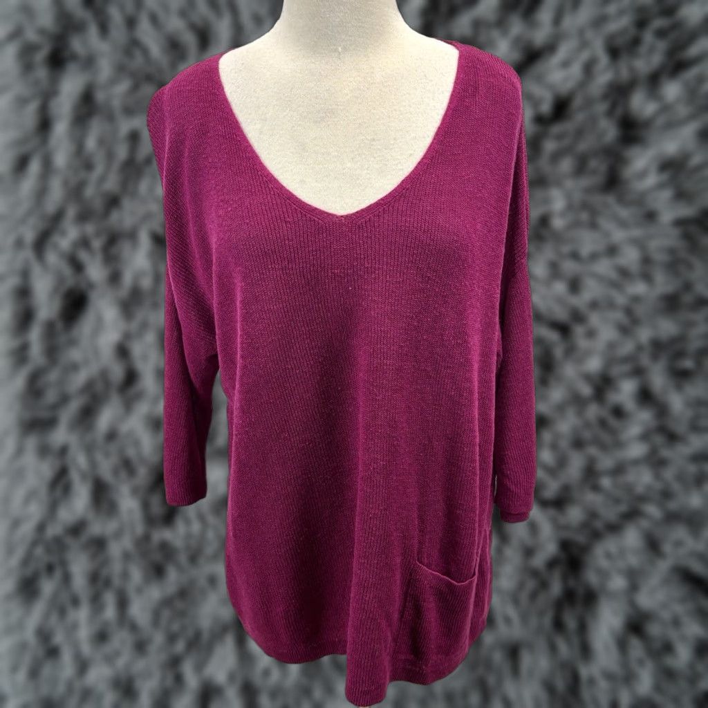 J. Jill J. Jill Linen Blend Knit Sweater XL Fuchsia V-Neck Slouchy Coastal Breathable Womens Pullover Knit Shirt Size XL / US 12-14 / IT 48-50 - 1 Thumbnail