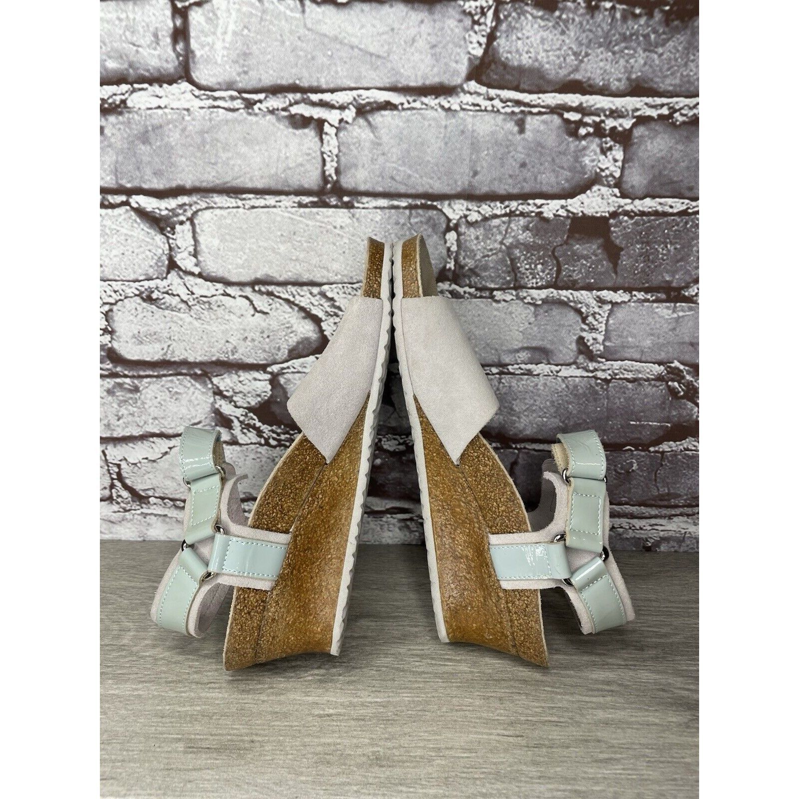 Birkenstock Papillio Grey Nubuck Suede Teal Patent Cork Wedg