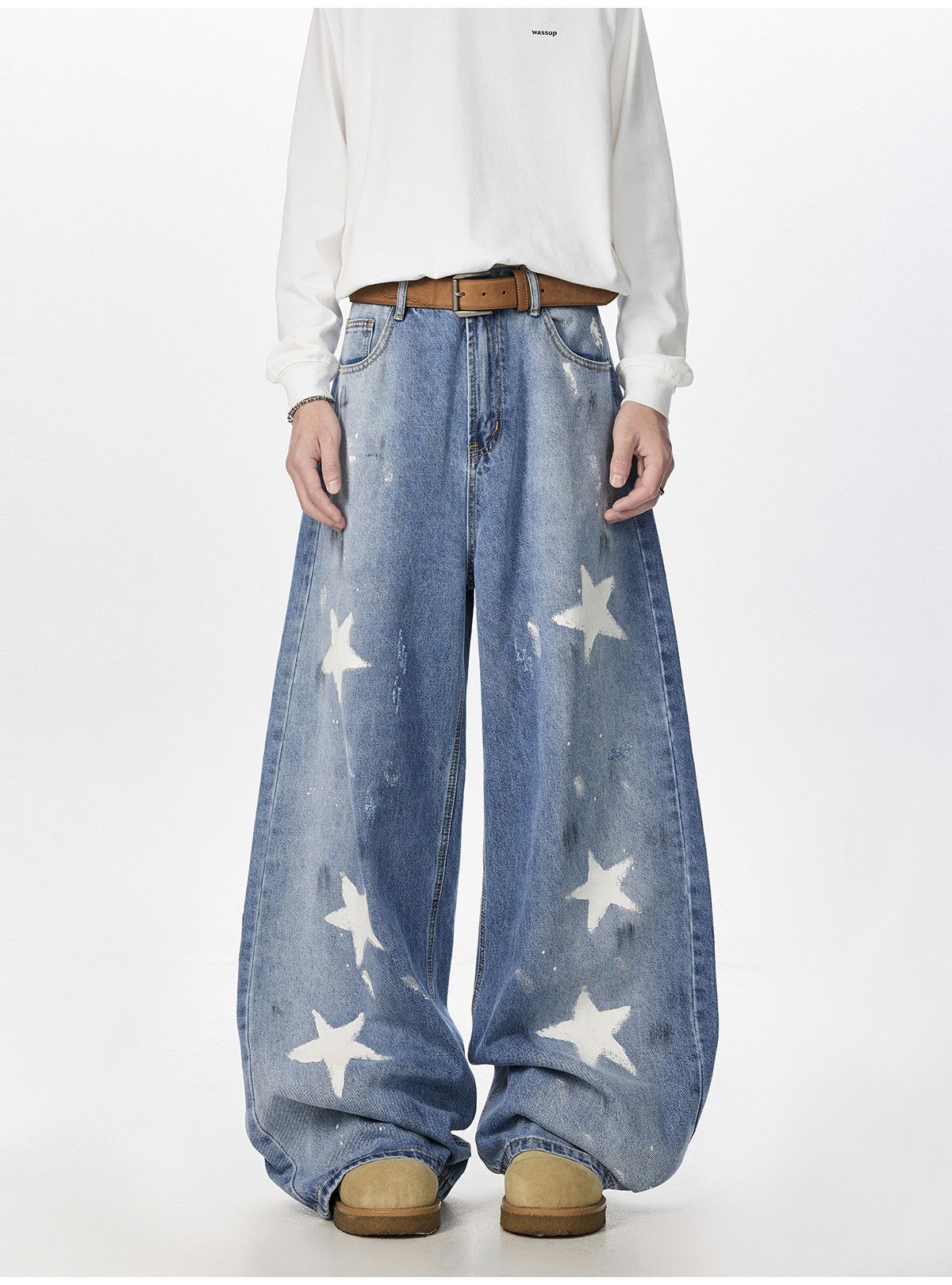 Japanese Brand Men's loose casual scimitar star graffiti print jeans Size US 32 / EU 48 - 1 Thumbnail